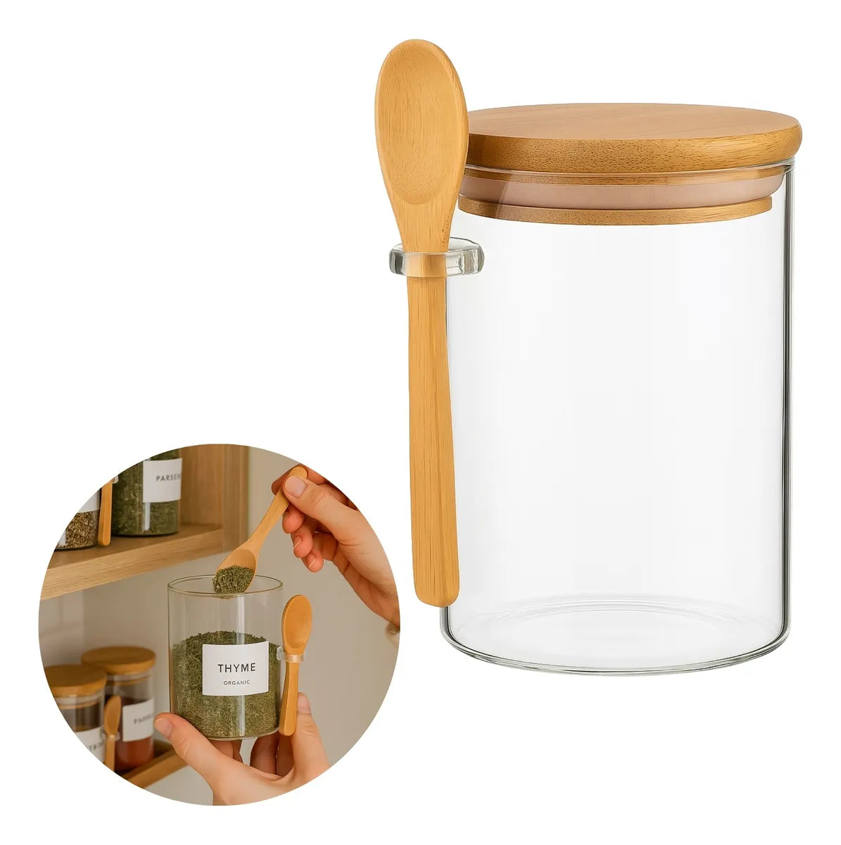 RECIPIENTE DE VIDRIO CON TAPA Y CUCHARA